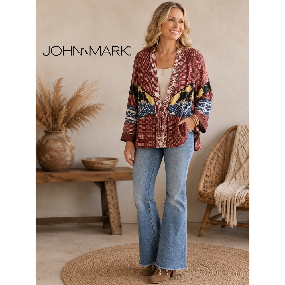 John Mark Mixed Media Patchwork Button Front Cardigan Top Burgundy Floral XS